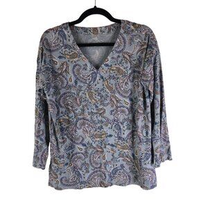 J.Jill Simply Supima V-Neck Tunic 100% Cotton Paisley Print Long Sleeve S Petite